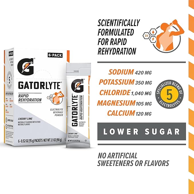 Gatorlyte Powder Cherry Lime, makes 16.9oz serving, net weight 3.1 oz (Pack of 6)