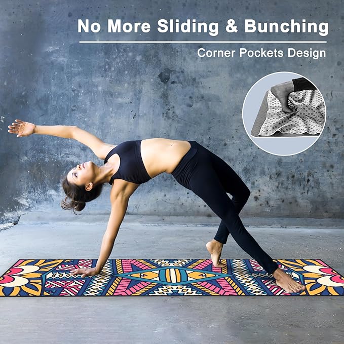 QiyI Yoga Mat Towel with Corner Pockets, Non Slip Sweat Absorbent Hot Yoga Towels, Soft Yoga Blankets with Travel Bag, Skidless Mat Cover for Workout, Gym, Fitness - 70"x26", Festival Mandala