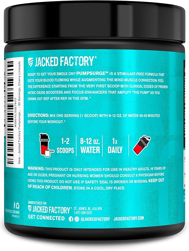 Jacked Factory Pumpsurge Caffeine Free Pre Workout for Men & Women - Nootropic Booster & Stim Free Pre Workout - Intense Pumps, Enhanced Focus - 30 Servings, Cherry Limeade