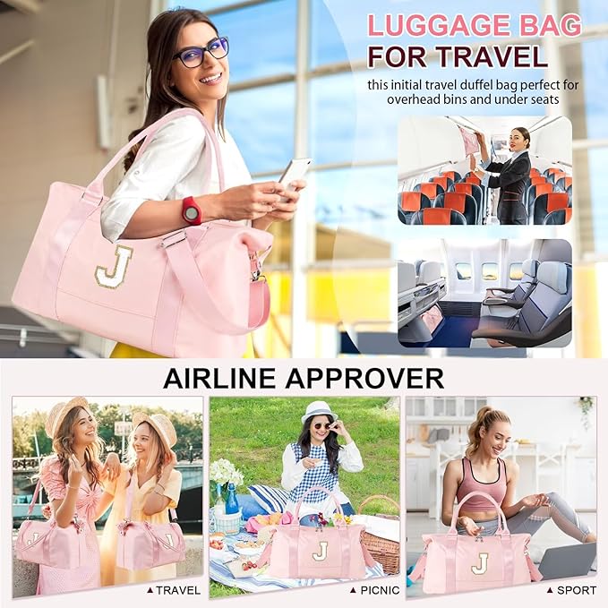 Dance Gym Duffel Bag for Teen Girls, Personalized Initial Travel Weekender Bag,Cute Overnight Carry On Duffle for Women,Sports Travel Cheer Bag,Monogram Christmas Gifts for Tween Preppy(pink-J)