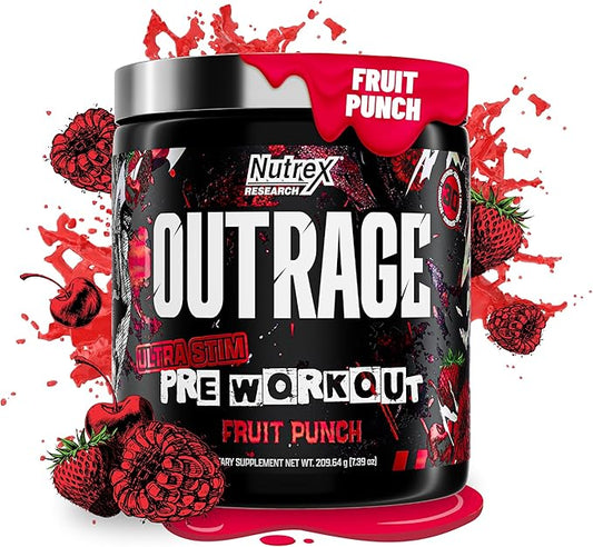Outrage Ultra HIGH STIM Pre-Workout Powder for Men Fruit Punch | 400mg Caffeine, L-Citrulline, Beta-Alanine, Creatine | Extreme Energy, Focus, Strength & Endurance | 30 Servings