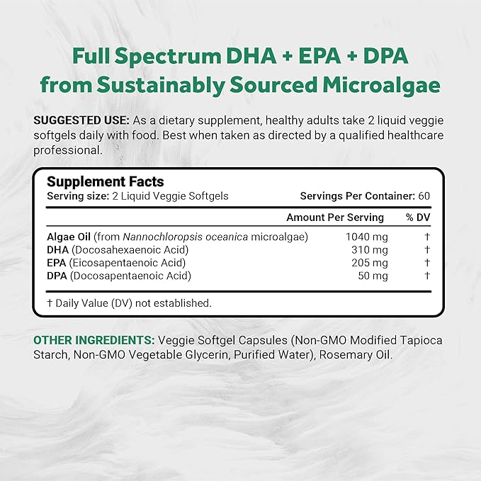 Naturalis Vegan Omega 3 DHA, EPA & DPA from Algae | Vegan Society Certified, Sustainably Sourced, True Full Spectrum | 120 Veggie Softgels (Carrageenan Free)