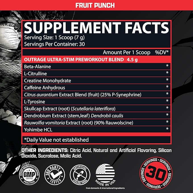 Outrage Ultra HIGH STIM Pre-Workout Powder for Men Fruit Punch | 400mg Caffeine, L-Citrulline, Beta-Alanine, Creatine | Extreme Energy, Focus, Strength & Endurance | 30 Servings