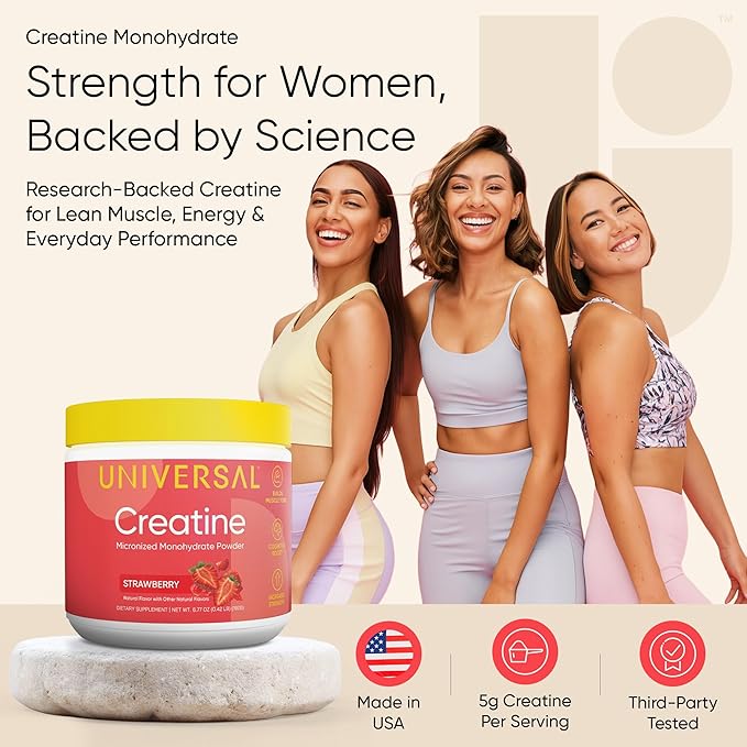Universal U Creatine Monohydrate for Women - Flavored Creatine Powder, Female Strength, Energy, Lean Muscle Support and Recovery Supplement, No Bloat, No Bulk, 5g Per Serving, 30 Servings, Strawberry