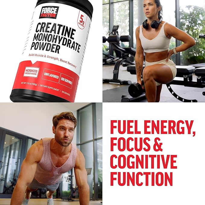 Force Factor Creatine Monohydrate Powder, 5g Micronized Dose to Support Muscle Growth, Strength, Recovery, Cognitive Health & Memory, Unflavored, 100 Servings