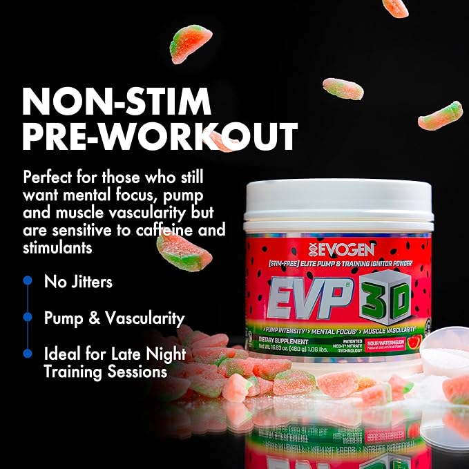 Evogen EVP 3D - Stim Free Pre Workout Powder for Men & Women | Sugar Free Non Stim Preworkout with Beta Alanine and Creatine for Energy & Pump | Sour Watermelon | 40 Servings