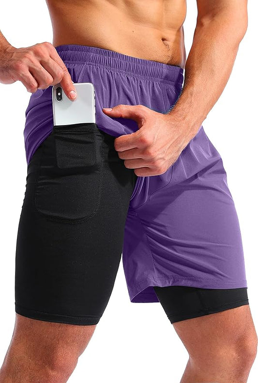 Pudolla Men’s 2 in 1 Running Shorts 5" Quick Dry Gym Athletic Workout Shorts for Men with Phone Pockets