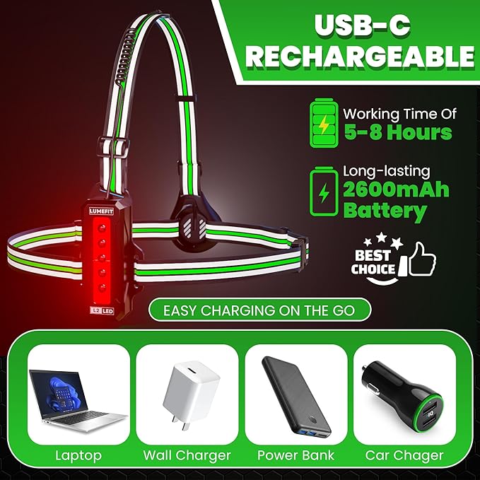 LUMEFIT Running Lights for Runners with Yellow Reflective Vest, Adjustable Beam Night Safety LED Chest Light Run, Dog Walking, and Jogging Gear, Rechargeable Headlamp Flashlight