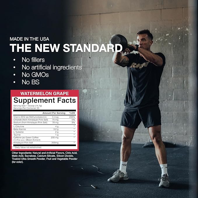 RAW Essential Pre-Workout Powder (Watermelon Grape) - Chris Bumstead Sports Nutrition Supplement for Men & Women - Preworkout Energy Powder with Caffeine, L-Citrulline, L-Tyrosine & Beta Alanine Blend