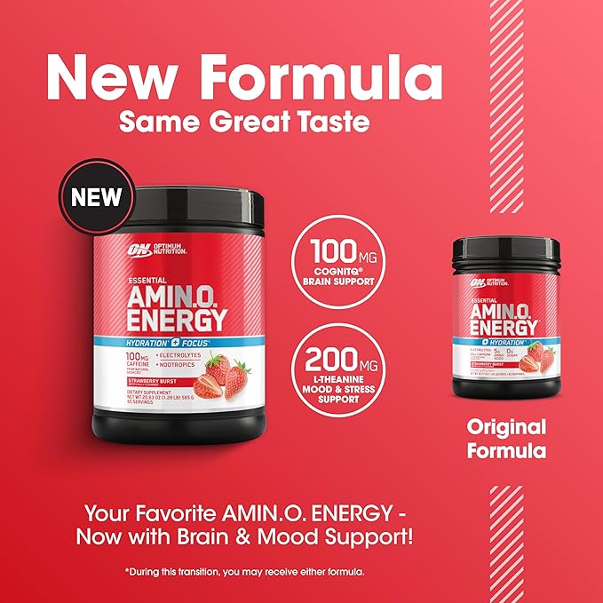 Optimum Nutrition Amino Energy Powder Plus Focus, with BCAA, Electrolytes, and Caffeine, Strawberry Burst, 65 Servings (Packaging May Vary)