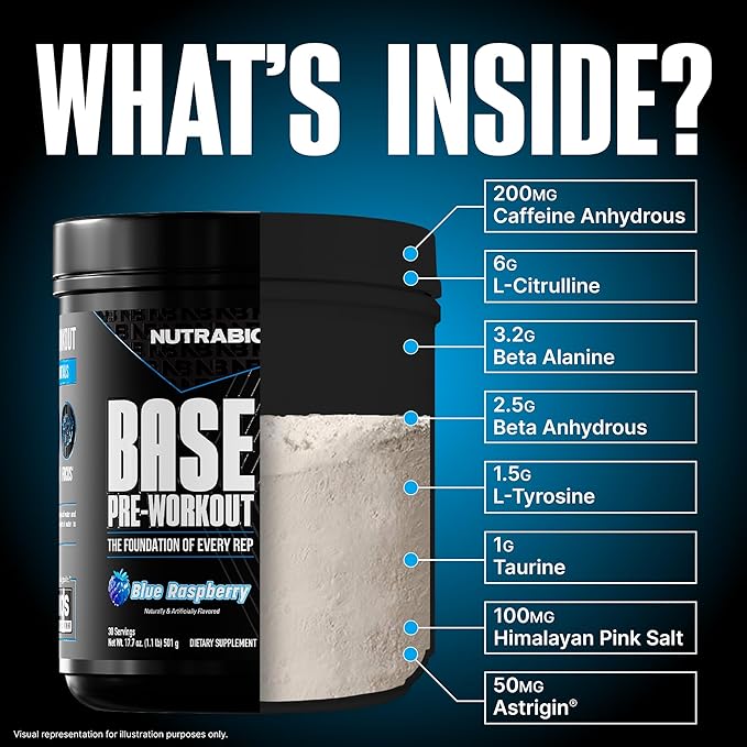 NutraBio Base Pre-Workout Powder 200mg Caffeine, Sustained Energy, Focus, Endurance, Pump, Sugar Free, Clean Preworkout for Men and Women - Beta Alanine, L-Tyrosine, 30 Servings - Blue Raspberry