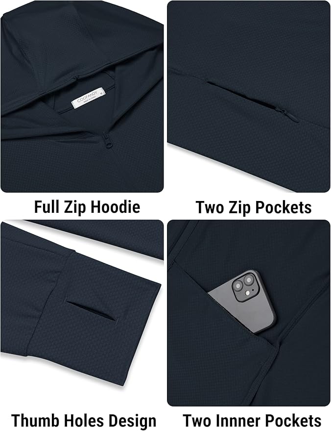 COOFANDY Men Full Zip UPF 50 Sun Protection Hoodie Jacket Long Sleeve Lightweight Breathable UV Shirts with Pockets