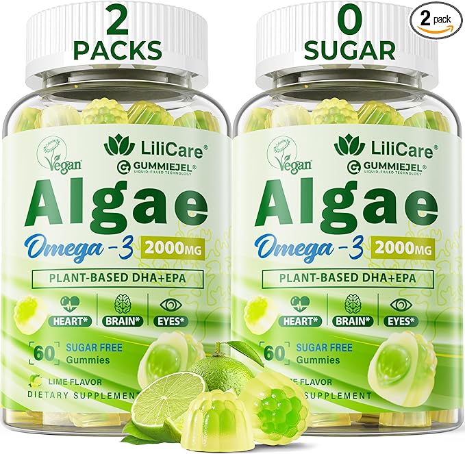 Omega 3 Gummies 2200mg from Algae Oil (DHA 640mg & EPA 290mg) for Women & Men, Vegan Omega 3 Fish Oil Alternative, w/CoQ10, Astaxanthin, Vitamin A, E, D3 for Brain, Eye, Antioxidant,Sugar Free 2Packs