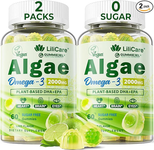 Omega 3 Gummies 2200mg from Algae Oil (DHA 640mg & EPA 290mg) for Women & Men, Vegan Omega 3 Fish Oil Alternative, w/CoQ10, Astaxanthin, Vitamin A, E, D3 for Brain, Eye, Antioxidant,Sugar Free 2Packs