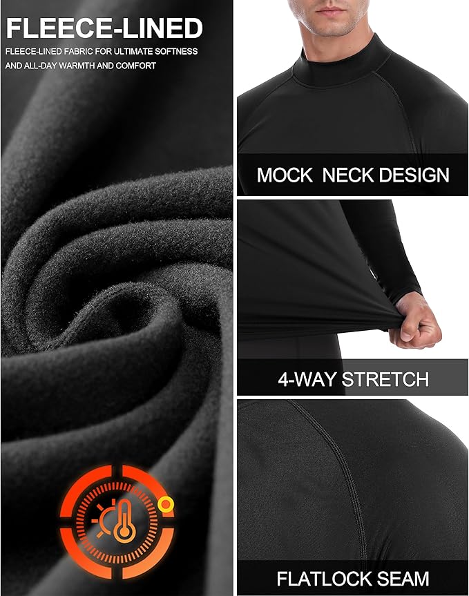 Men's Thermal Compression Shirts, Long Sleeve Fleece Lined Turtleneck Undershirt, Cold Weather Ski Base Layer Tops