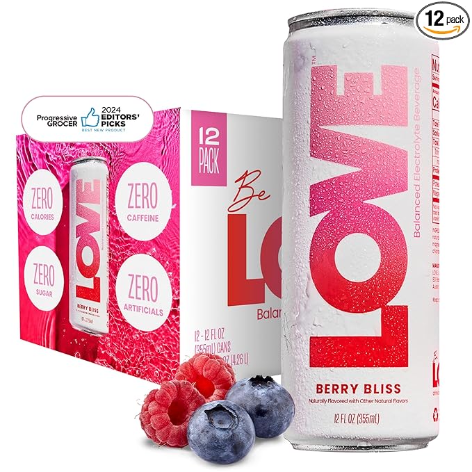 Be LOVE Balanced Electrolyte Beverage with Magnesium, Potassium & Sodium - Purified Still Beverage for Daily Hydration, Exercise, Work & Wellness- Zero Sugar, Gluten Free (Berry Bliss, 12oz x 12ct)