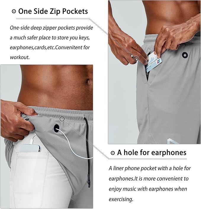 Pinkbomb Men's 2 in 1 Running Shorts Gym Workout Quick Dry Mens Shorts with Phone Pocket