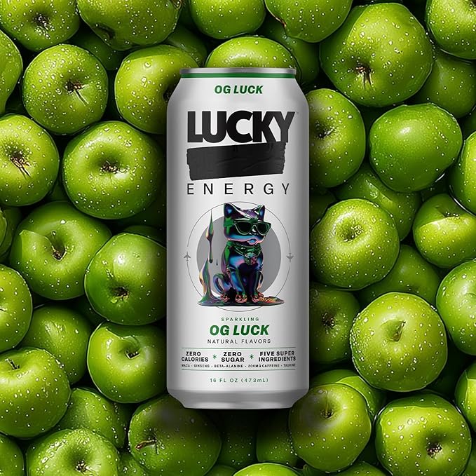 Lucky Energy Sugar Free Energy Drinks 16 Fl Oz Cans (12-Pack) Healthy Energy Drink. OG Luck with Maca, Ginseng, Taurine, Beta-Alanine, 200mg Caffeine