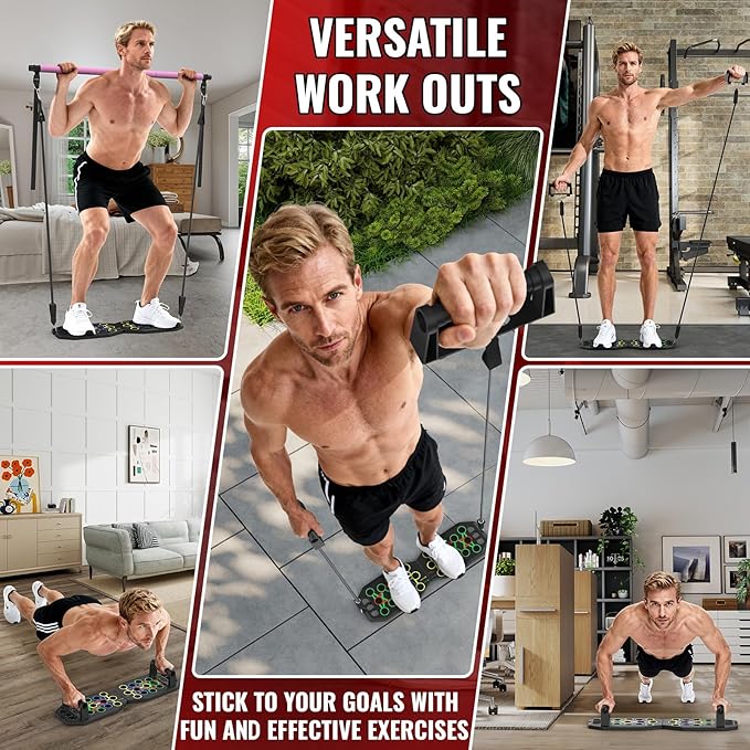 Push Up Board Bar Kit with Resistance Bands, Portable Pilates Bar for Fitness, Home Workout Gym System, Foldable Exercise Equipment for Full Body Training, Men & Women