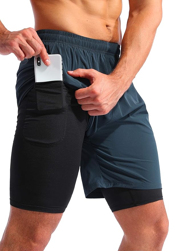 Pudolla Men’s 2 in 1 Running Shorts 5" Quick Dry Gym Athletic Workout Shorts for Men with Phone Pockets