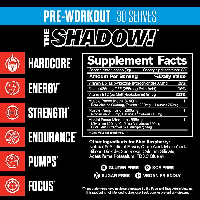 JNX SPORTS The Shadow! 350mg of Caffeine Hard Core Preworkout - Blue Raspberry 30 Servings | Electric Energy, Mental Focus & Superhuman Strength for Men & Women