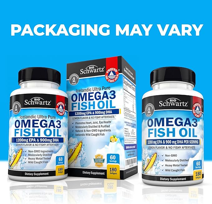 Triple Strength Omega 3 Fish Oil Supplement - 2250mg EPA DHA Omega 3 Fatty Acids from Fresh Wild Caught Fish, Burpless Lemon Flavor Formula Supports Eye Health and More, Gluten Free, 180 Softgels