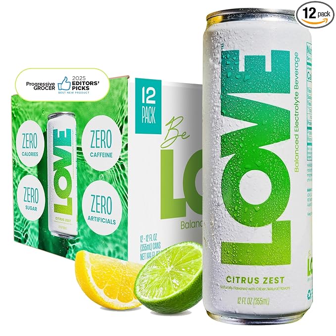 Be LOVE Balanced Electrolyte Beverage with Magnesium, Potassium & Sodium - Purified Still Beverage for Daily Hydration, Exercise, Work & Wellness- Zero Sugar, Gluten Free (Citrus Zest, 12oz x 12ct)
