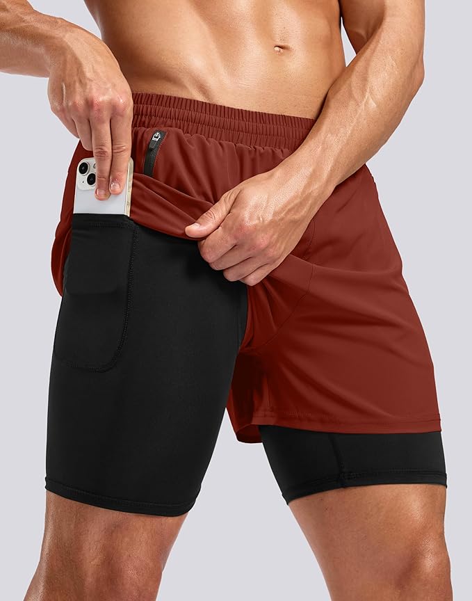 Pudolla Men's 7" Running Shorts with Zipper Pockets Quick Dry 2 in 1 Workout Gym Shorts with Liner for Tennis Yoga Training