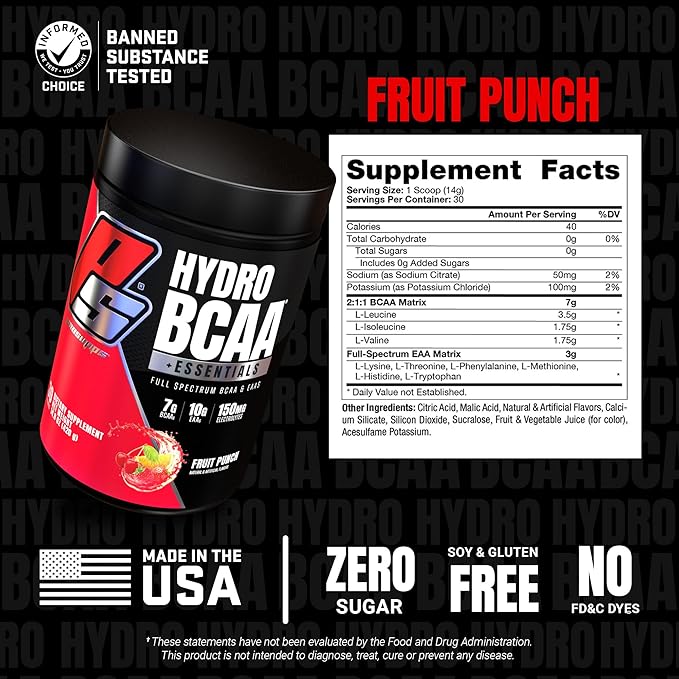 PROSUPPS HydroBCAA Essential Amino Acids Powder, Fruit Punch - Workout Supplement with BCAA, EAAs & Electrolytes for Hydration & Recovery - Stimulant-Free, Soy & Gluten-Free - 30 Servings