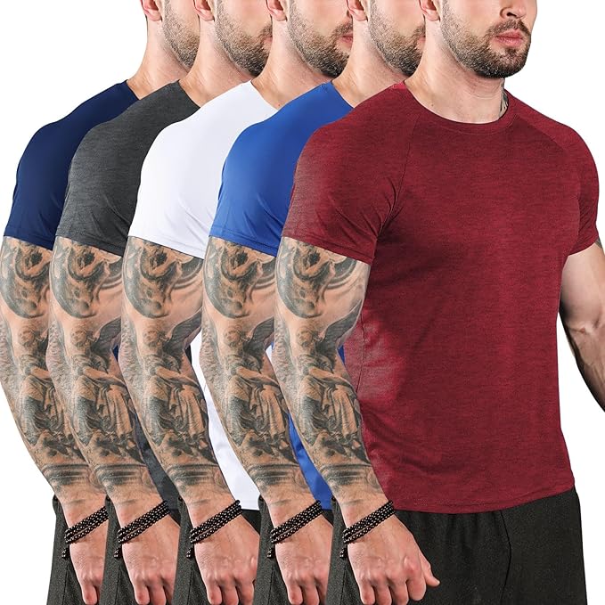 Sumolux 5 Pack Men’s Active Crew Neck T Shirts Quick Dry Athletic Running Gym Workout Short Sleeve Tee Tops Bulk
