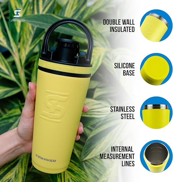 Ice Shaker Insulated Stainless Steel Shaker Bottle | 26oz, Yellow | Cold for 30+ Hours | Insulated Cup with Twist-on Agitator | Odor-Free Bottle for Protein Shakes, Water, Smoothies, Cocktails