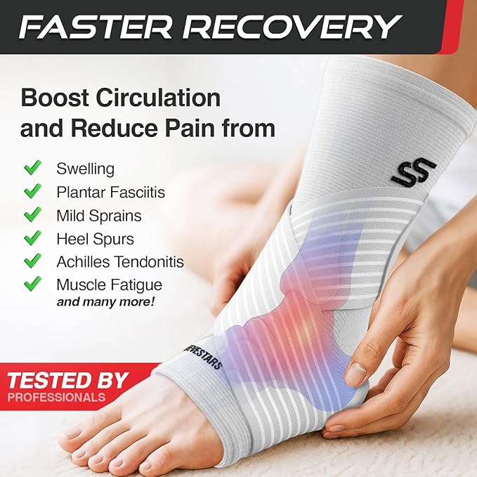 Sleeve Stars Ankle Brace for Women & Men, Ankle Wrap for Sprain, Compression Sleeve for Plantar Fasciitis Relief, Easy Customizable Support: w/ Removable Strap (Single/M:10"-12"/White)