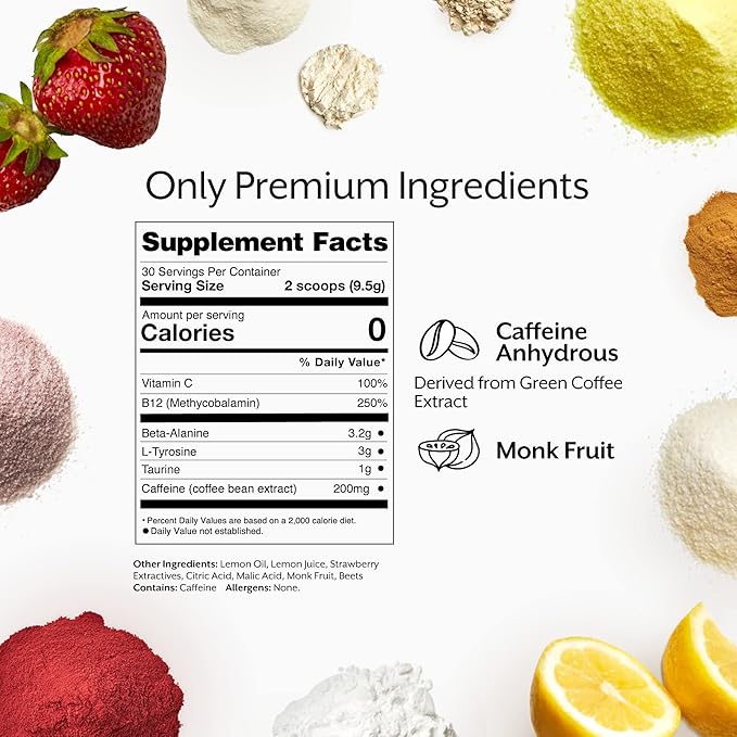 Promix Pre-Workout Powder, Strawberry Lemon – Boosts Focus, Energy & Endurance – With Caffeine, B12, Beta-Alanine & L-Tyrosine – Gluten & Dairy-Free, 10.05 oz