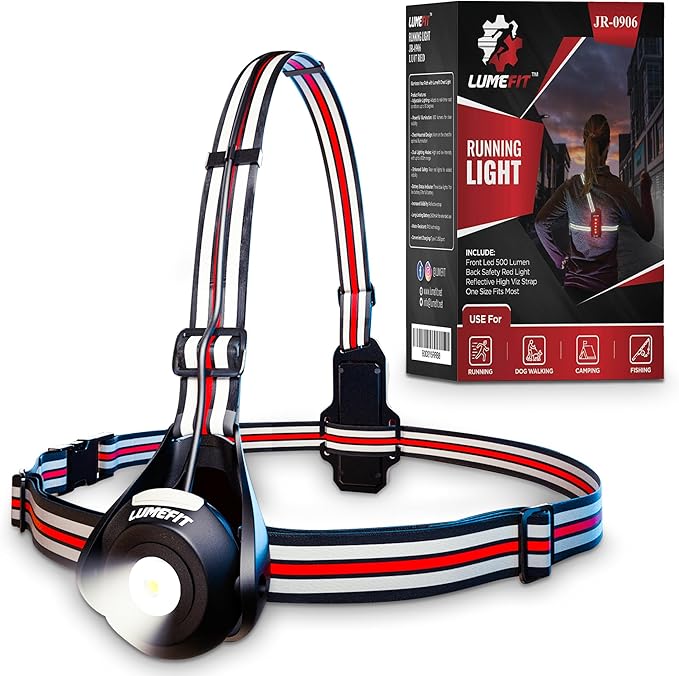 LUMEFIT Running Lights for Runners with Yellow Reflective Vest, Adjustable Beam Night Safety LED Chest Light Run, Dog Walking, and Jogging Gear, Rechargeable Headlamp Flashlight