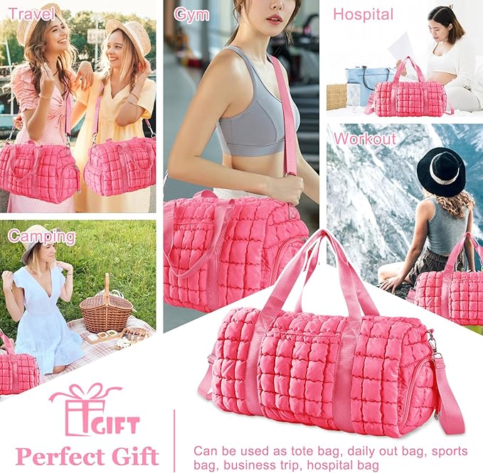 Quilted Travel Duffle Bag Gym Bag for Women,Large Puffer Duffle Weekender Bag with Compartment,Workout Overnight Carry on Organizer Bag Duffle Bag for Airplane Travel(Pink)