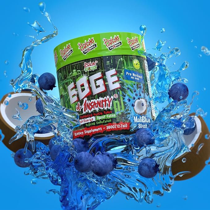 Psycho Pharma New Perfect Powders with Zengaba Energy Feel Good Focus Edge of Insanity - Most Intense Workout Powder for Focus, Strength & Energy (MaliBlue Blast)
