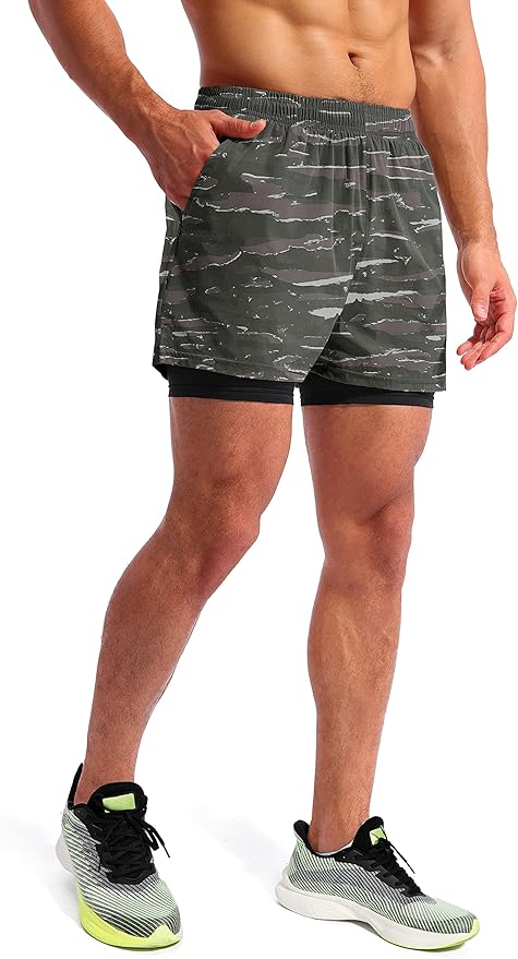 Pudolla Men’s 2 in 1 Running Shorts 5" Quick Dry Gym Athletic Workout Shorts for Men with Phone Pockets