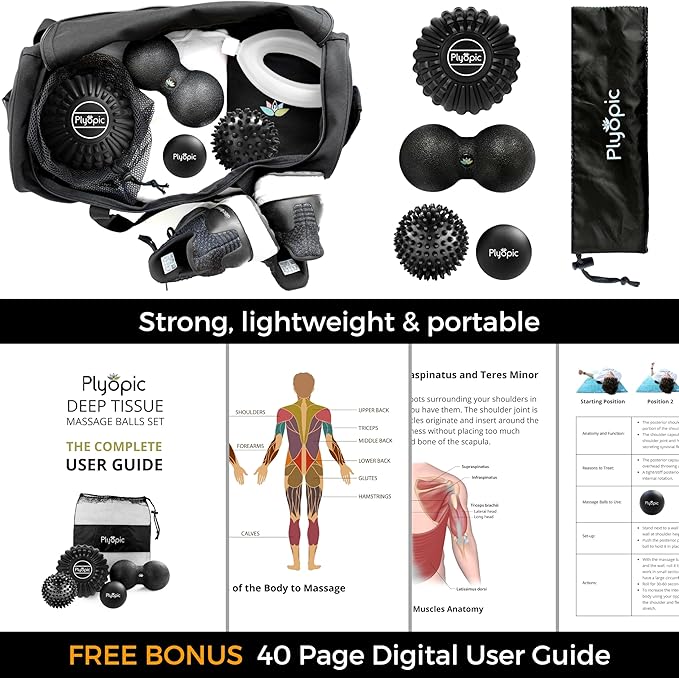 Plyopic Deep Tissue Massage Ball Set – Set of 4: Lacrosse, Spiky, Peanut and 5” Foam Roller Massager Balls for Muscle Massage, Mobility, Trigger Points and Myofascial Release