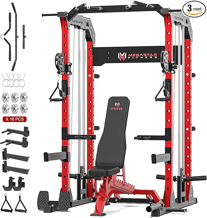 Power Rack for Home Gym – 2000LB Capacity Multifunction Squat Rack with Cable Crossover, Includes 16 Professional attachments for Home Gym Strength Training, P63 Rampage