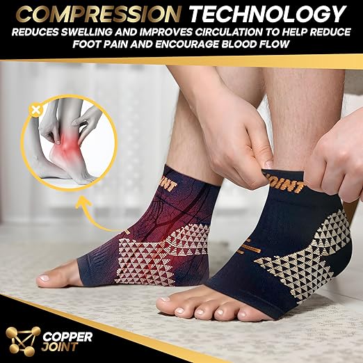 CopperJoint Foot Sleeve - Elastic Ankle Compression Socks for Women & Men, Foot Braces, Copper Ankle Brace Women Wrap, Copper Infused Compression Support for Running, Sports - Large