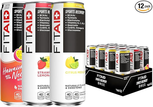 FITAID Recovery Blend, Variety Pack, BCAAs, Glucosamine, Electrolytes, Omega-3s, Green Tea, 100% Clean, Paleo, Vegan & Gluten-Free, Naturally Sweetened & Flavored, 12-oz. cans (Pack of 12)