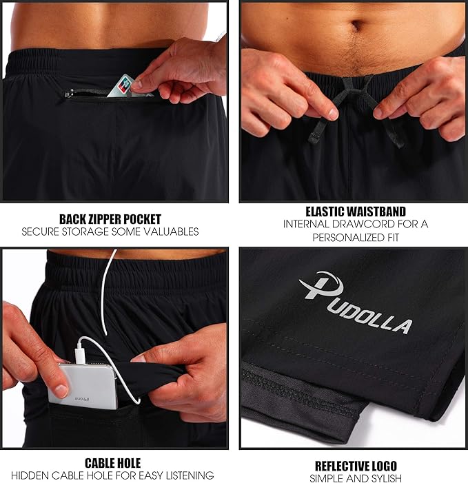 Pudolla Men’s 2 in 1 Running Shorts 5" Quick Dry Gym Athletic Workout Shorts for Men with Phone Pockets