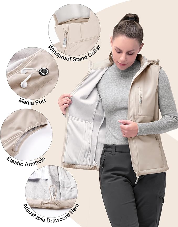 33,000ft Women's Hooded Lightweight Softshell Vest Fleece Lined Windproof Zip Up Sleeveless Jacket for Hiking Golf Running