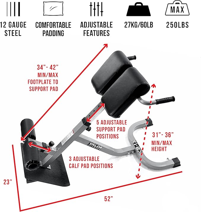 Valor Fitness Adjustable Roman Chair Hyperextension Bench with Resistance Band Pegs for Core, Hamstring, and Ab Workouts - Max 250 LB - Strength Training Equipment