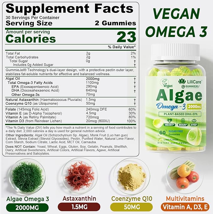 Omega 3 Gummies 2200mg from Algae Oil (DHA 640mg & EPA 290mg) for Women & Men, Vegan Omega 3 Fish Oil Alternative, w/CoQ10, Astaxanthin, Vitamin A, E, D3 for Brain, Eye, Antioxidant, Sugar Free, 1Pack