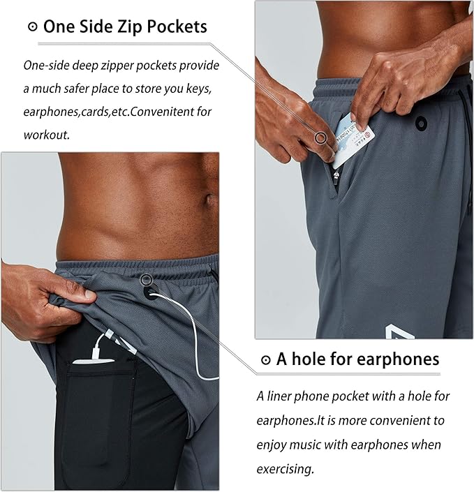 Pinkbomb Men's 2 in 1 Running Shorts Gym Workout Quick Dry Mens Shorts with Phone Pocket
