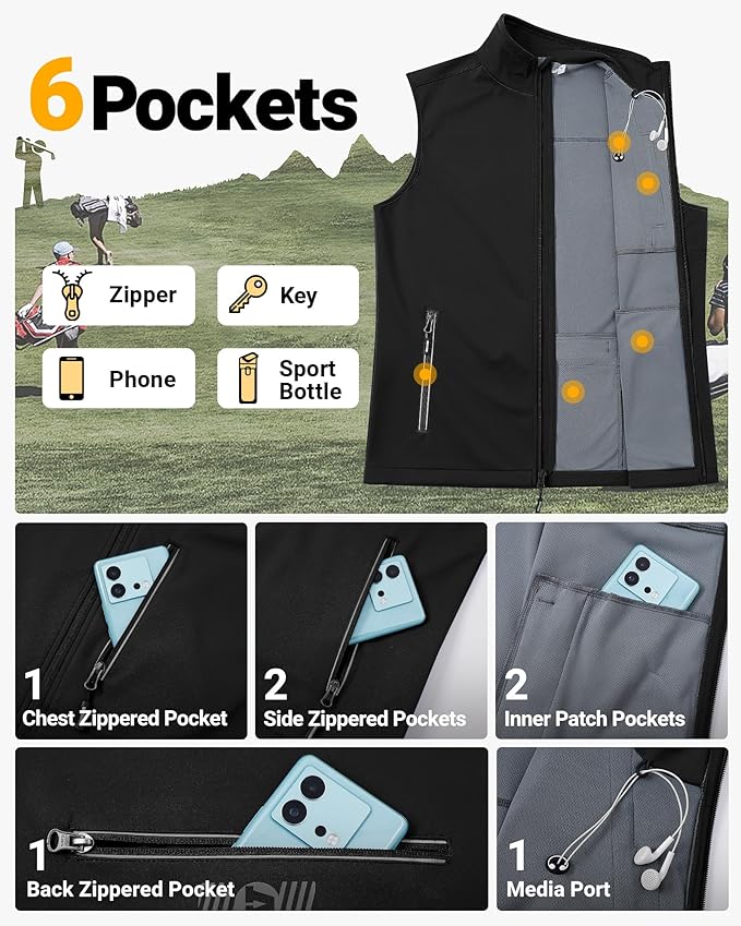 Outdoor Ventures Men's Windproof Softshell Vest Outerwear Lightweight Sleeveless Jacket for Running Golf Hiking Travel