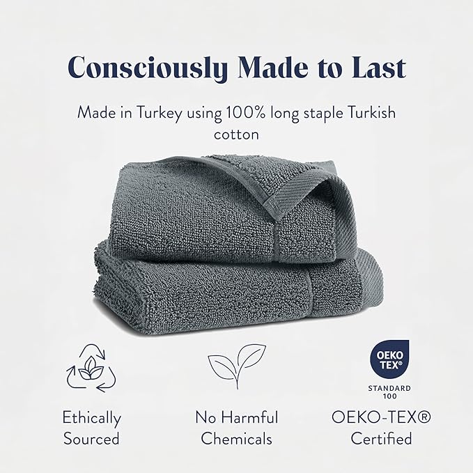 Brooklinen Super-Plush Turkish Cotton Washcloths Set of 2 Cotton, 820 GSM, Highly Absorbent, Machine Washable, Perfect for Home & Bathroom (13" x 13", Slate Grey)