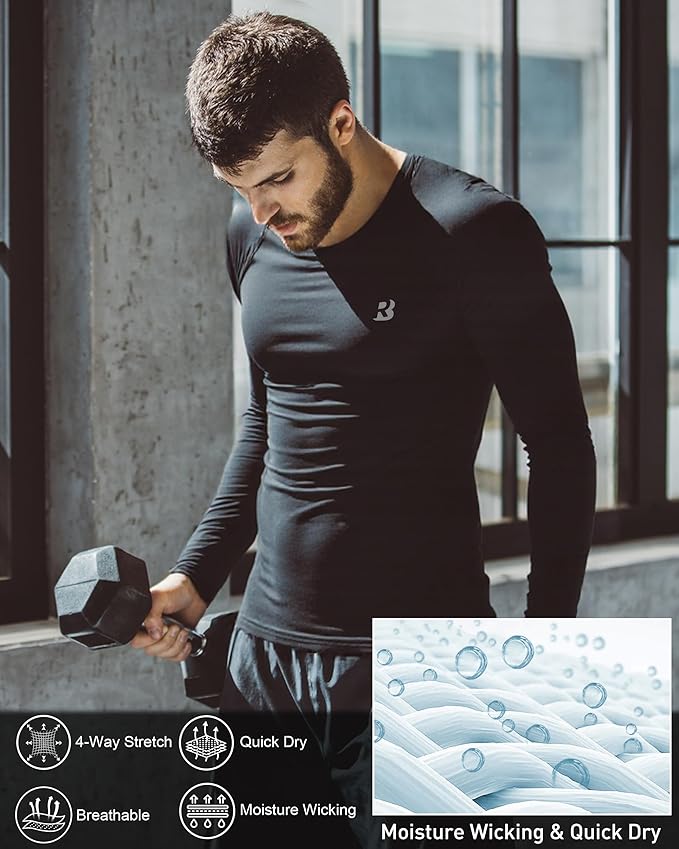 Roadbox Mens Compression Shirt, Cool Dry Long Sleeve Workout Shirts, Running Athletic Football Gym Base Layer Tops UPF 50+