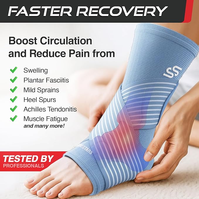 Sleeve Stars Ankle Brace for Women & Men, Ankle Wrap for Sprained Ankle, Compression Sleeve for Plantar Fasciitis Relief, Easy Customizable Support: w/Removable Strap (Single/L:12"-13"/Light Blue)